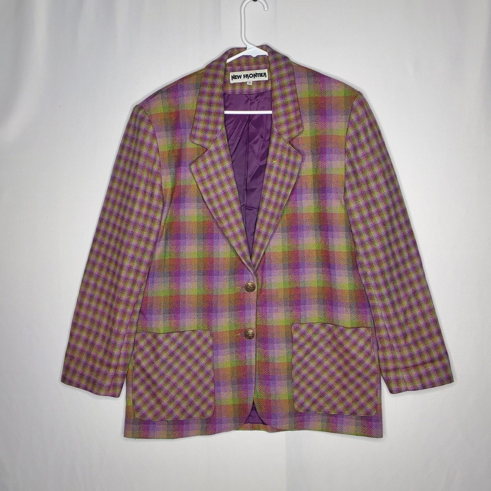 New Frontier Vtg Plaid Blazer Women Medium Purple Green Western Cowgirl Rainbow